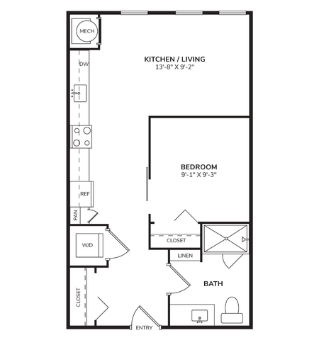 Floor plan for studio, 1 bath, 509 sqft